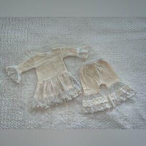 (0-3M) Haute Baby Cream Lace Baby Dress and Pants Set